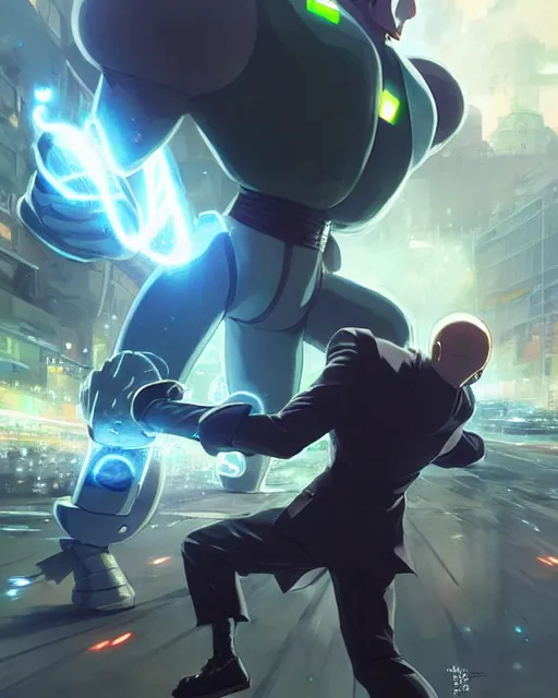 Image similar to gigachad luigi charging ultimate attack like one punch man wearing a suit in the city fighting a scifi mech, fantasy character portrait, ultra realistic, anime key visual, concept art, intricate details, highly detailed by greg rutkowski, ilya kuvshinov, gaston bussiere, craig mullins, simon bisley