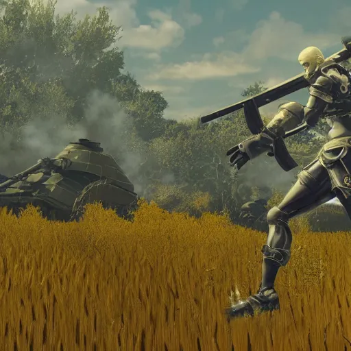 Image similar to a high resolution very detailed image of russian tank boss fight from nier : automata in yellow rye field under pure blue skies