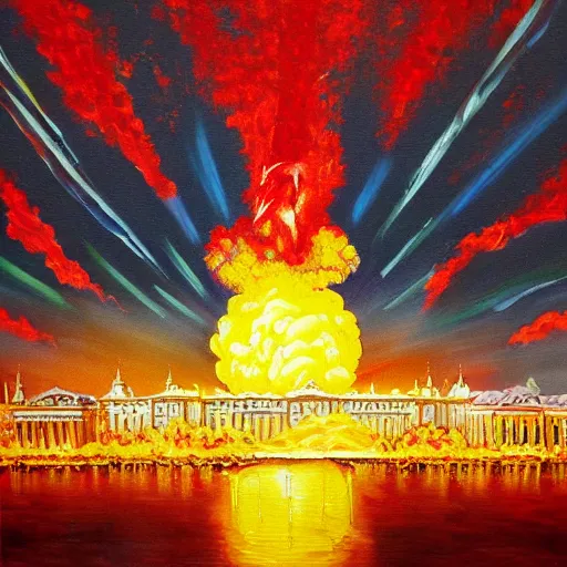 Image similar to vladimir putin, painting a painting of happy little hydrogen nuclear explosion in moscow red square, intricate, highly detailed, smooth, artstation,