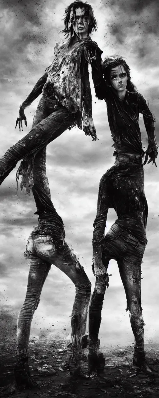 Image similar to twin sisters Emma Watson action poses dishevelled photorealistic portrait grimy sweating wet face dirty t-shirt and torn jeans in broken biomechanical fractal armour abandoned exploding sci-fi gas station, dark and dim atmospheric smog trending on artstation 8k matte painting, dramatic lighting, dramatic shadows professional photograph by Herb Ritts