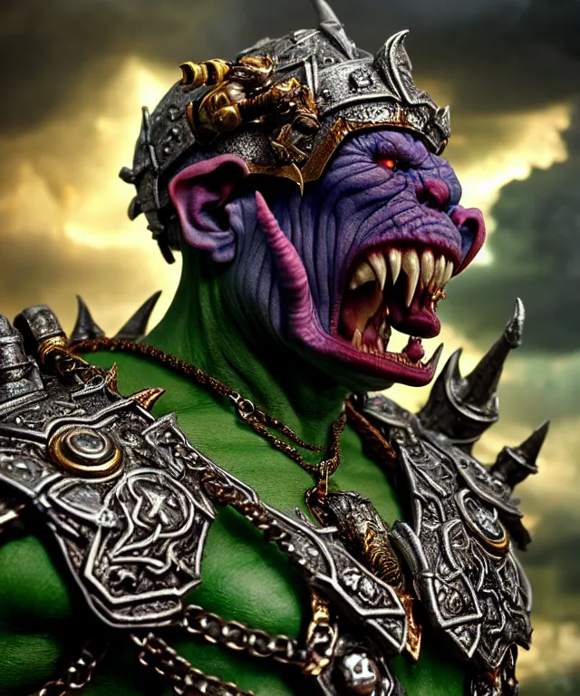 Prompt: hyperrealistic rendering, epic ornate supreme orc goblin overlord, jewel crown, war armor battle, by art of skinner and richard corben, product photography, collectible action figure, sofubi, hottoys, storm clouds, outside, lightning