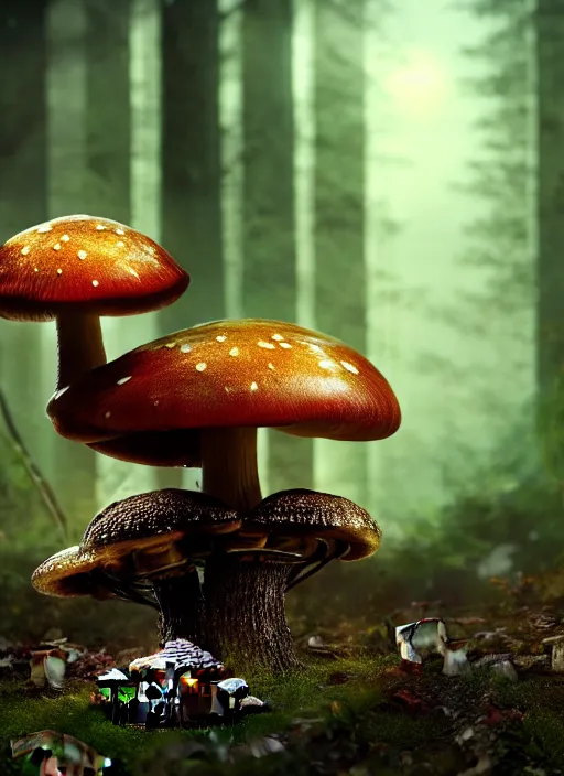 Image similar to intricate mechanical caterpillar sitting on top of a mushroom in a magical forest. Very detailed 8k. Fantasy cyberpunk horror. Sharp. Cinematic post-processing