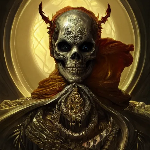 Image similar to portrait of a powerful lich, skeleton, fantasy, intricate, elegant, highly detailed, digital painting, artstation, concept art, matte, sharp focus, illustration, art by aenaluck and roberto ferri and greg rutkowski, epic fantasy, digital painting