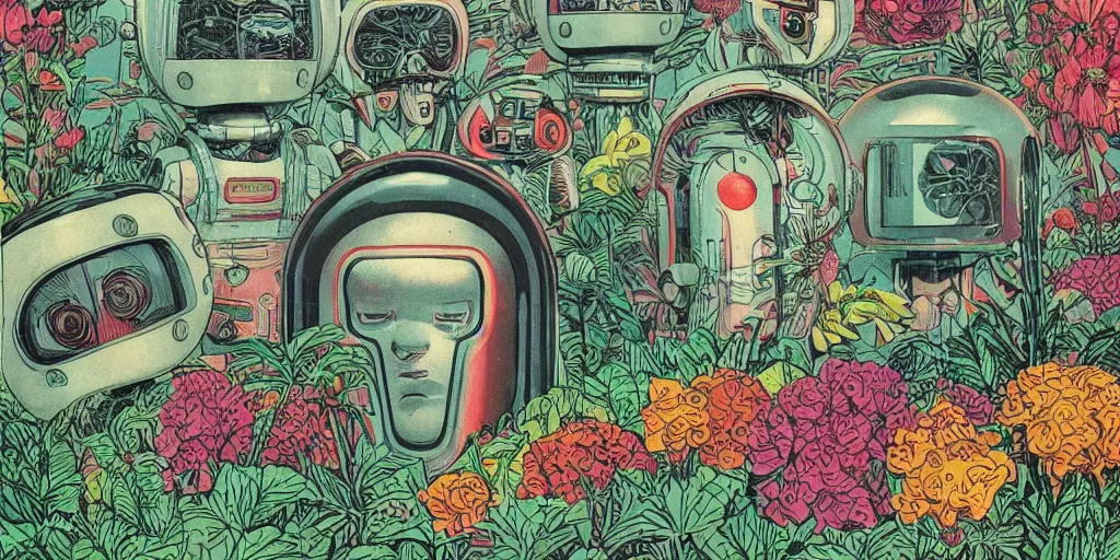 Image similar to vintage grainy scifi style, gigantic robot heads floating above the pool, tiny robots, a lot of exotic flowers and plants, risograph!!!, flat surreal design, super - detailed, a lot of tiny details, fullshot, by codex seraphinianus