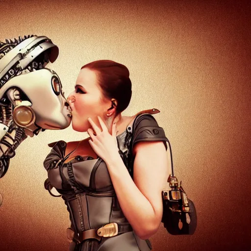 Prompt: Ultra realistic illustration,a women kissing a robot, steampunk, sci-fi, fantasy