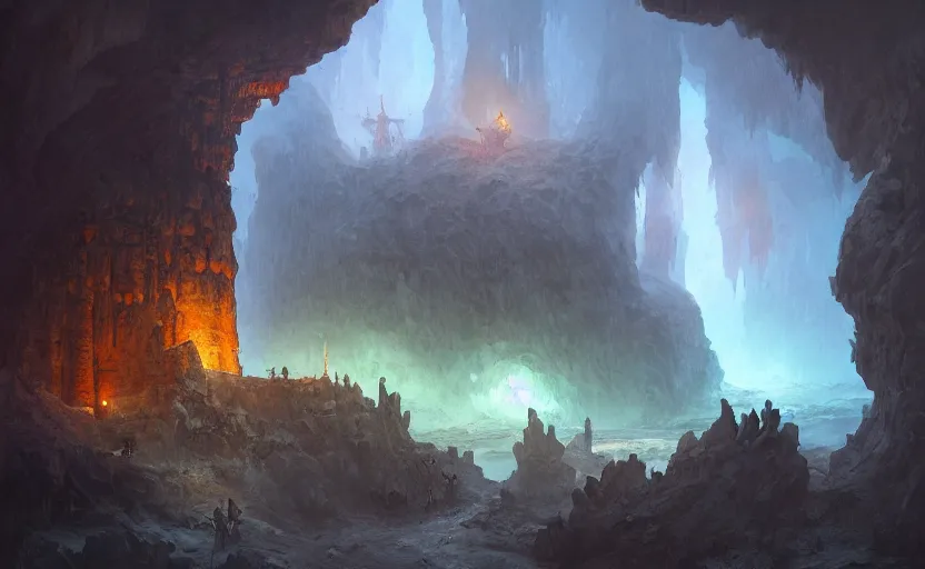Prompt: a broken galleon in a huge cave with stalagmites and stalagtites. Matte anointing in the style of Marc simonetti and Christophe vacher and Hubert Robert, detailed, complementary colors trending on artstation.
