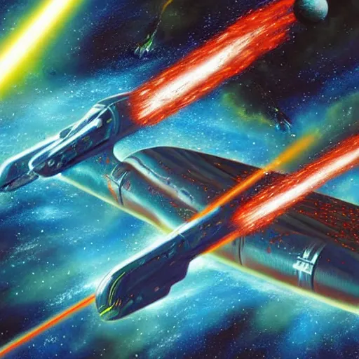 Prompt: science - fiction space battleship in combat, laser beams, explosions, space, planets, mate painting