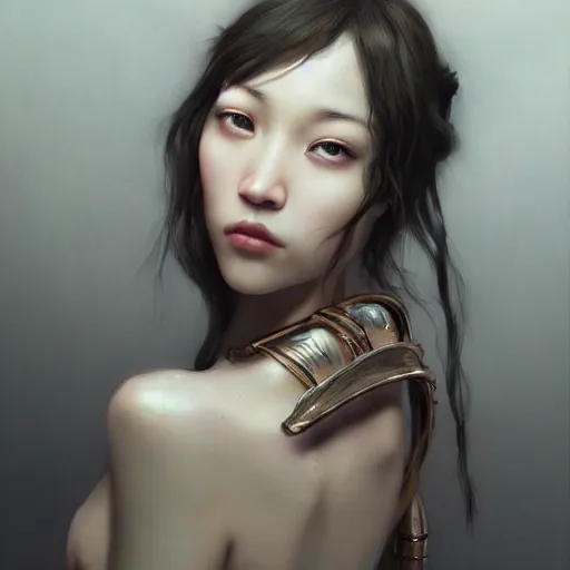 Image similar to Kiko Mizuhara, physically accurate, dramatic dynamic lighting, intricate, elegant, highly detailed, digital painting, artstation, very hyperrealistic, HR GIGER, Hieronymus Bosch, Francis Bacon, concept art, smooth, sharp focus, illustration, art by artgerm and greg rutkowski and alphonse mucha