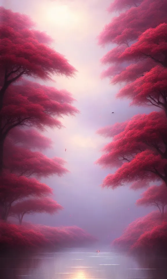 Image similar to a beautiful landscape matte painting of cherry trees with petals flying in the sky beside a river, by christophe vacher, trending on artstation