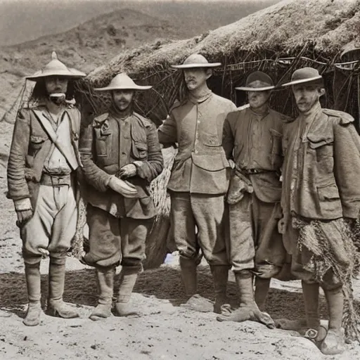 Image similar to ultra detailed photorealistic sepia - toned photo from 1 9 1 7, three clean - shaven british soldiers standing with two bedouin traders, at an archaeological dig site, ultra realistic, painted, intricate details, lovecraft, atmospheric, dark, horror, brooding, highly detailed, by clyde caldwell