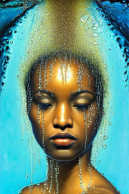 Prompt: hyperrealistic precisionist cinematic profile very expressive! oshun goddess, in water! john everett millais, mirror dripping droplet!, gold flowers, highly detailed face, digital art masterpiece, smooth eric zener cam de leon, dramatic pearlescent turquoise light on one side, low angle uhd 8 k, shallow depth of field