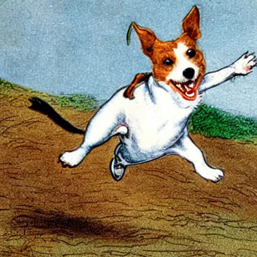 Image similar to portrait of a happy jack russel terrier jumping, closeup, illustrated by peggy fortnum and beatrix potter and sir john tenniel