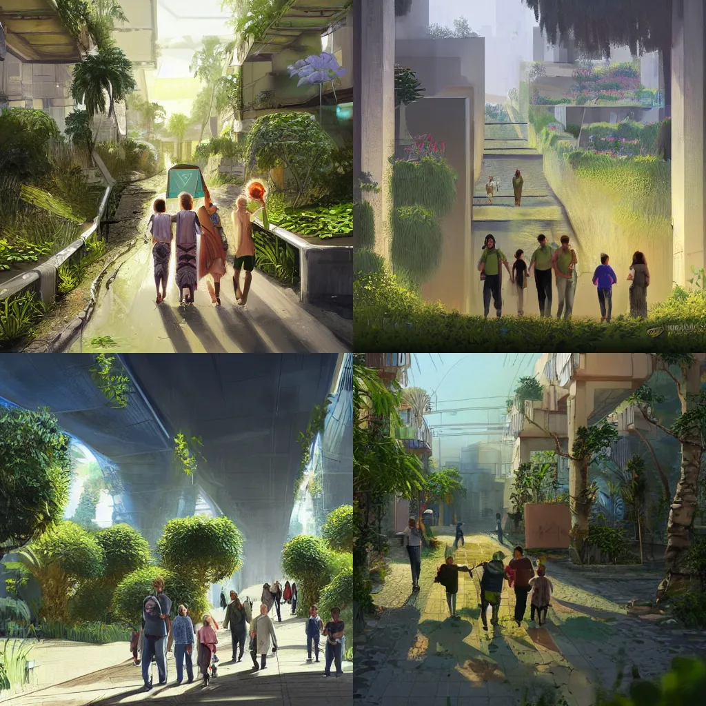 Prompt: happy families walking through the tranquil plant - draped solarpunk mediterranean towns of the future, living in perfect technological harmony with nature and animals. top post on / r / solarpunk. concept art