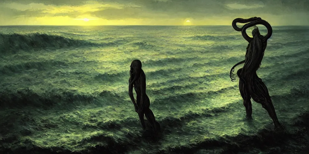 Image similar to landscape view on an old fishing village at night, a humanoid tentacled creature emerging from the ocean, night colors, high - key lighting, beautiful composition, intricate, gradient from green to black, pro photography by, highly detailed, digital painting, art by artgerm and greg rutkowski and alphonse mucha, smooth, sharp focus illustration