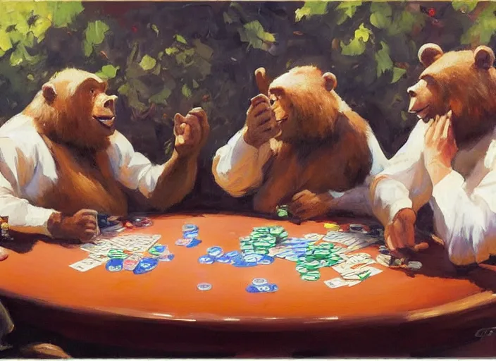 Image similar to one gorrila and one bear playing poker, highly detailed beautiful, by gregory manchess, james gurney, james jean