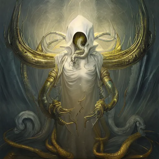 Prompt: ethereal painting, dark with golden light, white marble and gold, illithid, angelarium, cthulhu, h r giger, rembrandt, peter mohrbacher, oil on canvas