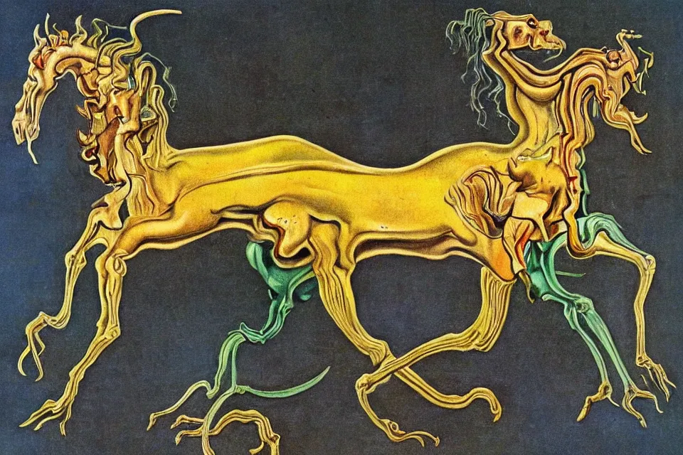 Prompt: Vintage, detailed, colored sketch of mythical creature anatomy, full body, with full descriptions,Salvador Dali .