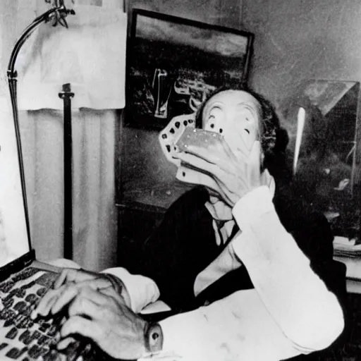 Prompt: salvador dali using a computer to generate images, shock facial expression