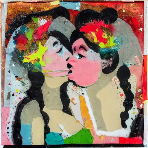 Prompt: two women kissing at a carnival in spring, mixed media collage, retro, paper collage, magazine collage, acrylic paint splatters, bauhaus, claymation, layered paper art, sapphic visual poetry expressing the utmost of desires by jackson pollock