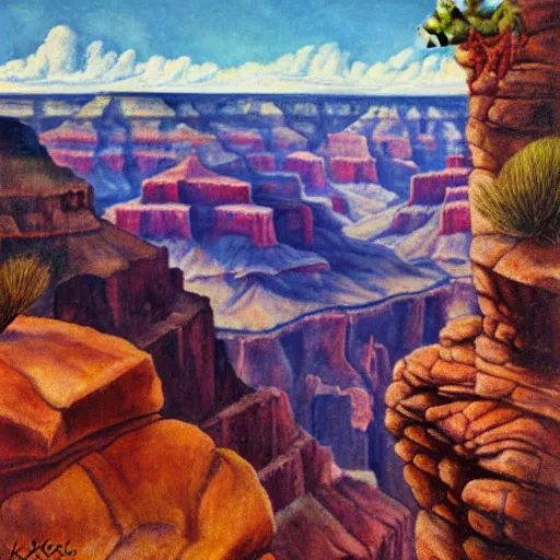 Image similar to Grand Canyon scene by Kahlo. FROG! FROG! FROG! FROG!