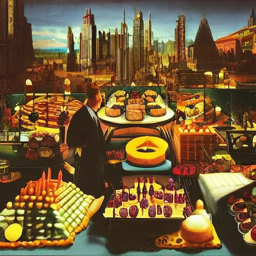 Image similar to dream city made of desserts, yummy food, exotic, cinematic lighting, by caravaggio