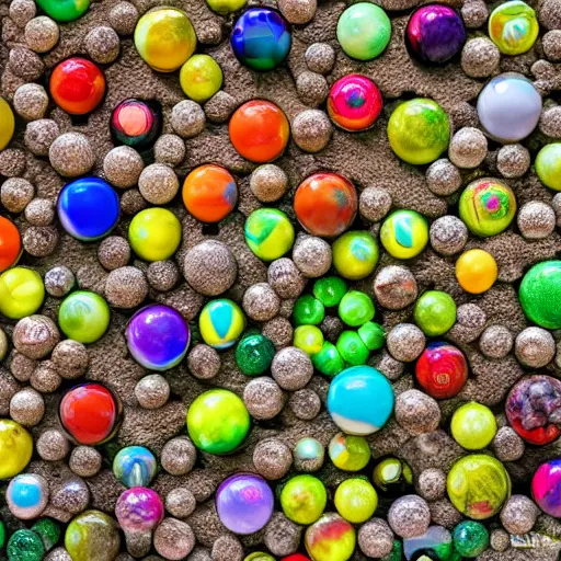 Image similar to a field filled with different colored marbles all together, natural lighting on a sunny day, wide angle photography, 4 k,