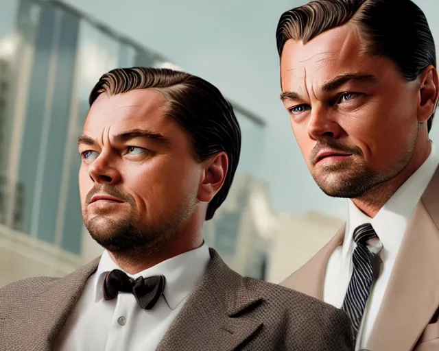 Image similar to margot r! dream leonardo dicaprio as the wolf of wall street, cinamtic, long shot, hyper detailed, very detailed face, 8 5 mm photograph, 8 k resolution, film still, sharp lens, wide lens