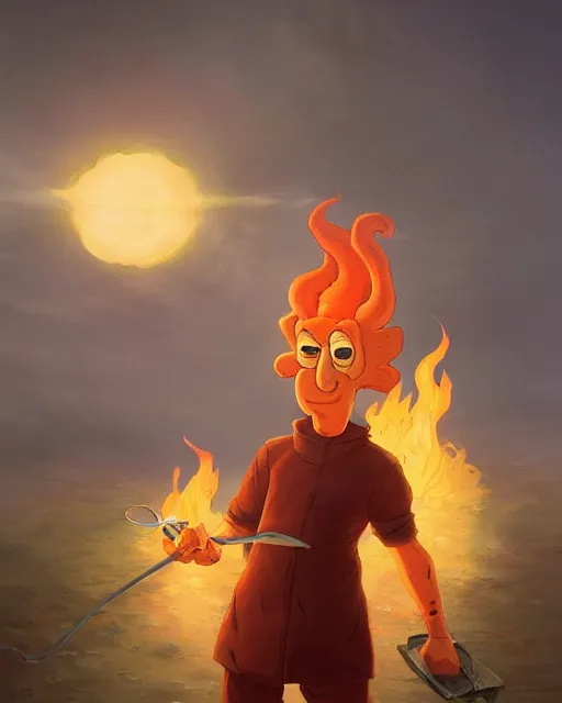 Prompt: wide shot, detailed photorealistic cartoony face, squidward, wearing fire nation clothing and practicing firebending outside at susnset, [ greg rutkowski ]