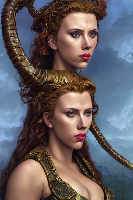 Image similar to A fantasy comic book style portrait painting of Scarlett Johansson as an Atlantean Reptilian Warrior, Mystical Valkyrie, unreal 5, DAZ, hyperrealistic, octane render, Regal, Refined, Detailed Digital Art, RPG portrait, William-Adolphe Bouguereau, Michael Cheval, Walt Disney (1937), François Boucher, Oil Painting, Steampunk, dynamic lighting, Highly Detailed, Cinematic Lighting, Unreal Engine, 8k, HD