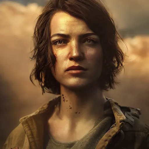 Image similar to fallout 5, charismatic beautiful rugged brunette female protagonist, portrait, outdoors low density urban environment, atmospheric lighting, painted, intricate, volumetric lighting, beautiful, daytime, sunny weather, slight overcast, sharp focus, deep colours, ultra detailed, by leesha hannigan, ross tran, thierry doizon, kai carpenter, ignacio fernandez rios