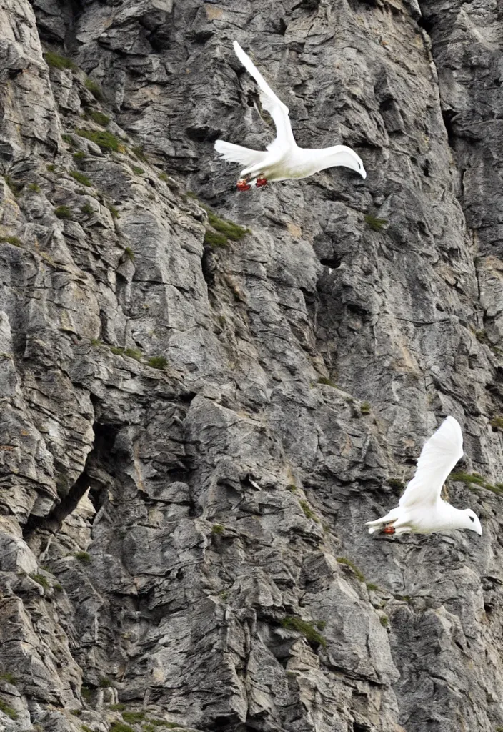 Prompt: a mountain goat flying an impossible distance through the air between two peaks | pure white doves flying in and out of a large chimney |