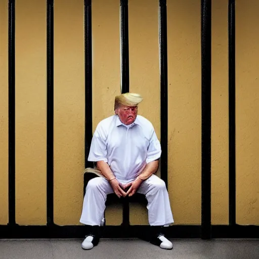 Prompt: a disheveled Trump in prison clothing sitting on a jail cell toilet crying. wide angle. The floor is grimy. candid photograph.