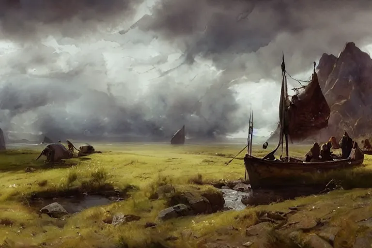 Prompt: watercolor painting of rustic view, viking age, scandinavian mythology, magical, ambient lighting, art by hans gude, art by hans dahl, by jesper ejsing, art by anders zorn, wonderful masterpiece by greg rutkowski, cinematic light, american romanticism by greg manchess, creation by tyler edlin, heavy clouds and sun