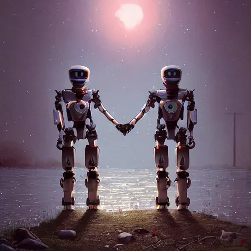 Image similar to Beautiful cinematic scene of a couple of two damaged and broken humanoid robots holding hands near a river, at night, peaceful, science fiction, award-winning, cinematic lighting, insanely detailed, very realistic, Artstation, Cgsociety, by Simon Stalenhag, directed by Denis Villeneuve, filmic