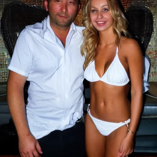 Prompt: photo of a 4 0 year old man that looks young for his age dating a very attractive 2 2 year old woman wearing a bikini. they are at a high end club.