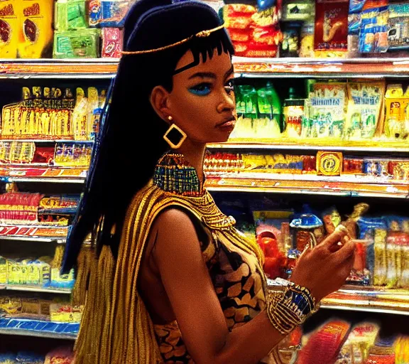 Image similar to low angle photography cleopatra in a grocery store, deep focus, intricate, elegant, highly detailed, digital painting, artstation, concept art, matte, sharp focus, illustration, art by nan goldin, cinematographyby jom jarmusch