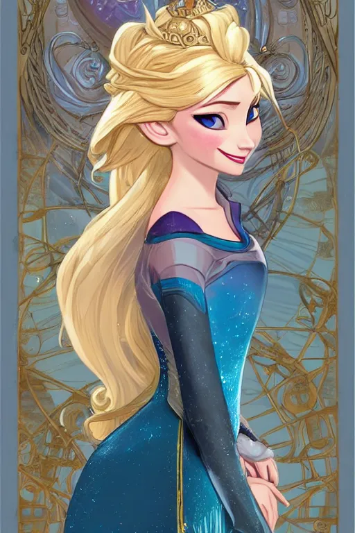 Image similar to elsa from frozen as steampunk princess, blonde hair, high fantasy, dnd, smooth, sharp focus, illustration, highly detailed, digital painting, artstation, concept art, by disney animation, rossdraws, alphonse mucha, frank fanzzeta, collectible card art