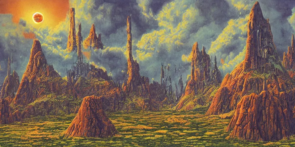 Image similar to artwork of the twin fortress by terry oakes, by erol otus