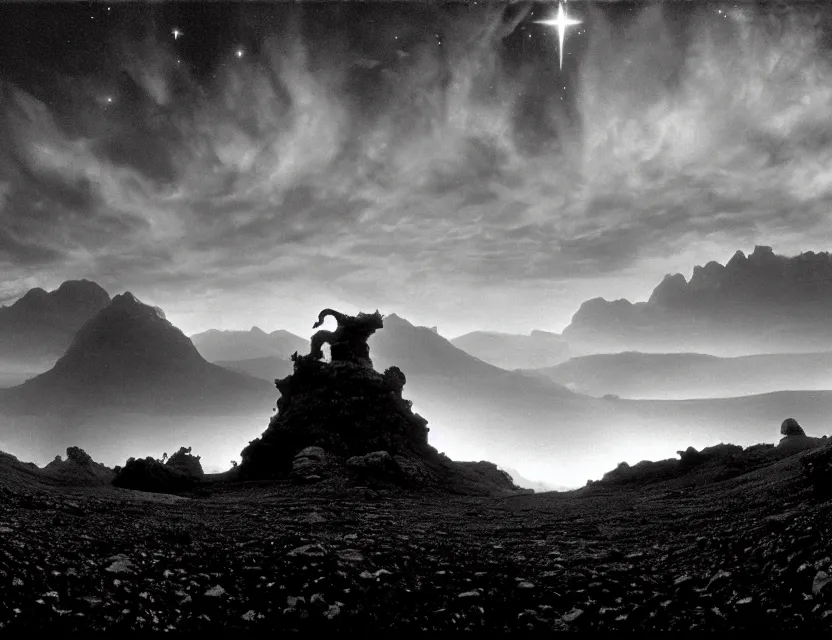 Image similar to wanderer, eerie, greek fantasy panorama, a magnificent lizard ghost giant above the magic shining river styx, at night, otherworldly, ghost giant above the horizon, stanley kubrick, 1 7 mm, wide shot, surreal, deep