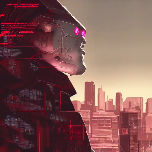 Prompt: Red cyberpunk robot concept art from the latest release of the cyberpunk video game series. This amazing side profile illustration captures the very essence of what AAA games have to offer