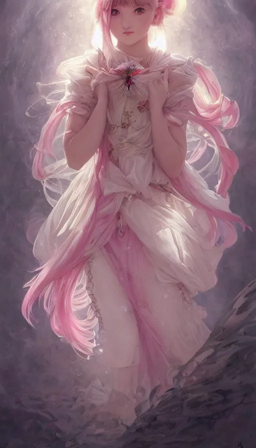 Image similar to portrait of madoka magica, dreamy and ethereal, expressive pose, big pink eyes, peaceful expression, ornate frilly dress, fantasy, intricate, elegant, many rainbow bubbles, rose tones, highly detailed, digital painting, artstation, concept art, smooth, sharp focus, illustration, art by artgerm and greg rutkowski and alphonse mucha