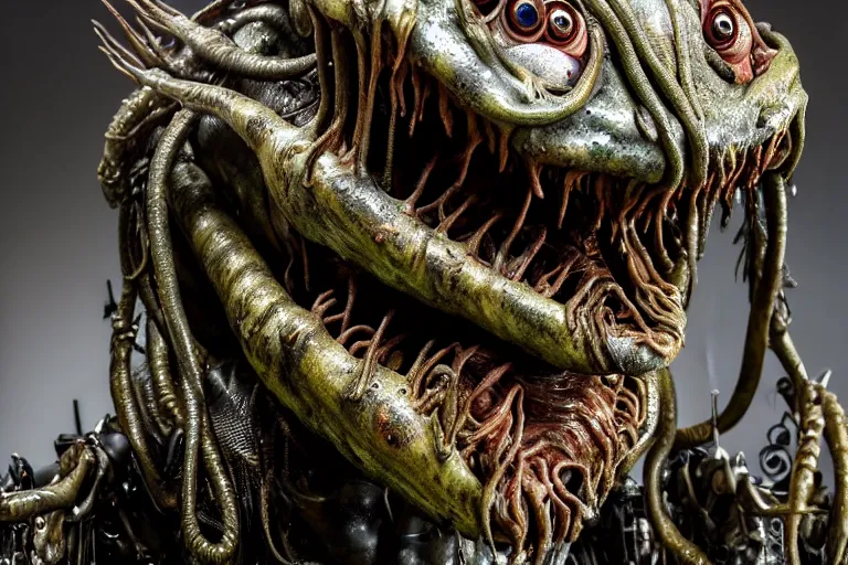 Image similar to wide angle photo taken of an epic intricate, ultra detailed, super realistic gritty, hero prop, exquisitely weathered animatronic movie prop of a lifelike sculpture of a wet, slimey nightmarish hellish alien creature displayed in the workshop, created by weta workshop, full body shot, photorealistic, sharp focus