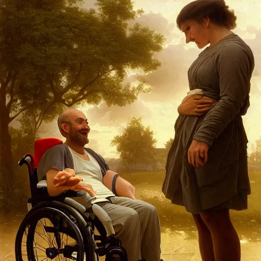 Image similar to a male patient in a wheelchair in the hospital with his wife and son standing by. happy, cheerful, smiling, intricate, face enhance, sharp focus, cinematic lighting, 8 k, art by greg rutkowski, william adolphe bouguereau