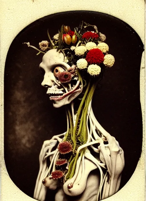 Image similar to beautiful and detailed rotten woman made of plants and many types of flowers like carnation, chrysanthemum and tulips, anatomical, 🫀, intricate, organs, ornate, surreal, john constable, guy denning, gustave courbet, caravaggio, romero ressendi 1 9 1 0 polaroid photo