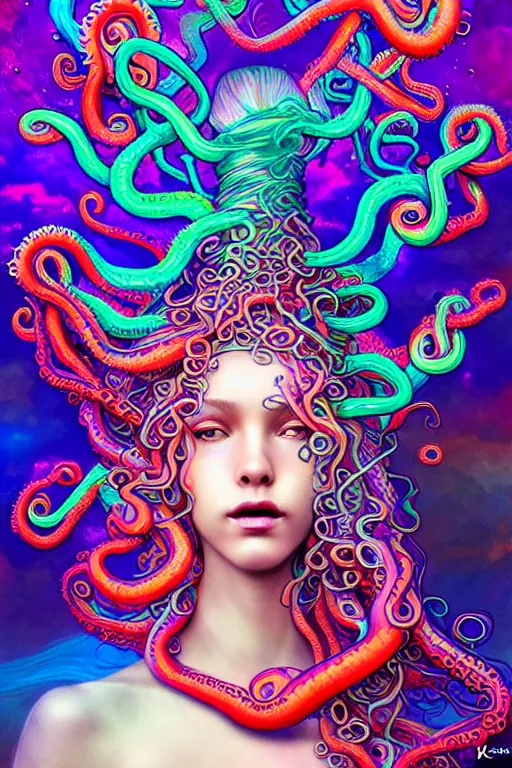 Prompt: A sea goddess with colorful tentacles hair having an extremely colorful psychedelic experience, warping time and space, magic mushrooms, psilocybin, LSD, face, detailed, intricate, elegant, highly detailed, digital painting, artstation, concept art, smooth, sharp focus, illustration, art by Krenz Cushart and Artem Demura and alphonse mucha, Octane render, unreal engine, 8K