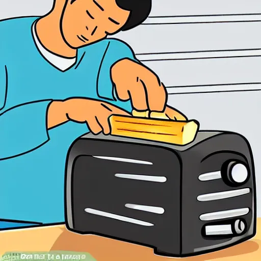 Image similar to a wikihow illustration of a man putting a fork in a toaster