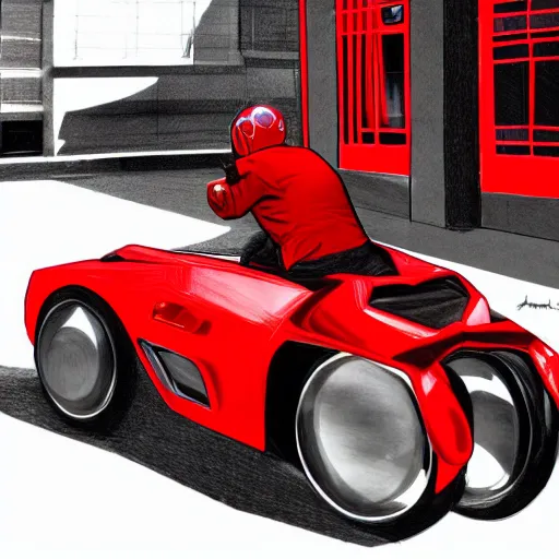 Image similar to isometric view of a man with a red jacket from behind. a red futuristic racing motorbike in front of the man. pencil drawing, panoramic view, wide angle, photo realistic, hyper realistic, dynamic lighting, cyberpunk, ultra detailed, sharp focus, digital illustration, concept art trending on artstation