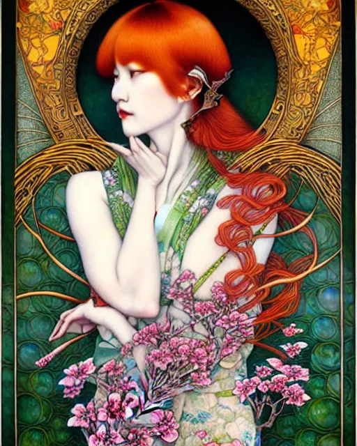 Image similar to beautiful and playful ethereal ginger portrait, art nouveau, fantasy, intricate japanese flower designs, elegant, highly detailed, sharp focus, art by chie yoshii