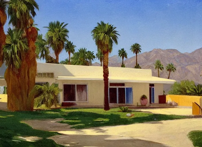 Image similar to painting of a mid century house in palm springs by thomas cole