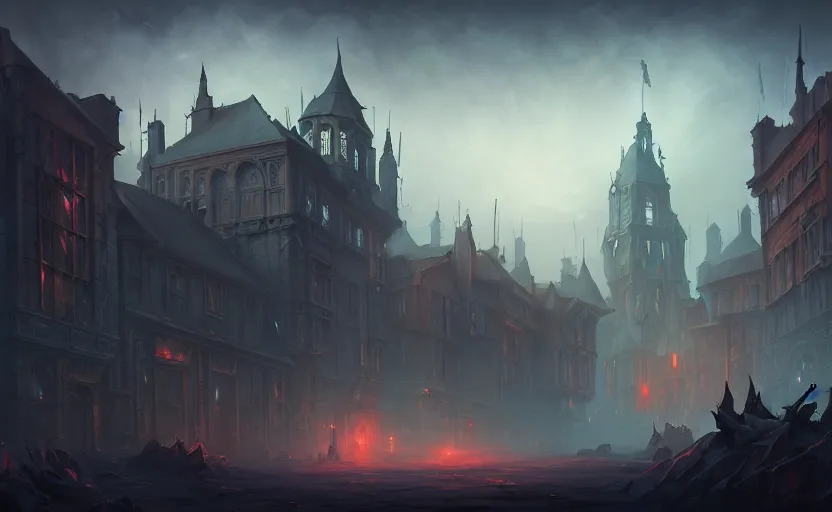 Prompt: extreme long shot concept art depicted old english majestic town, dramatic mood, overcast mood, dark fantasy environment, dieselpunk, art inspired by league of legends and arcane, style by jason engle and jordan grimmer, trending on artstation, unreal engine, golden ratio, spectacular composition